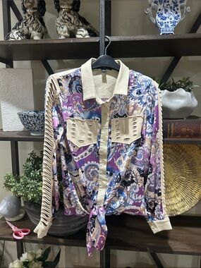 AZI New York small Paisley Tie-Front Long-Sleeve Shirt - Purple/Cream
